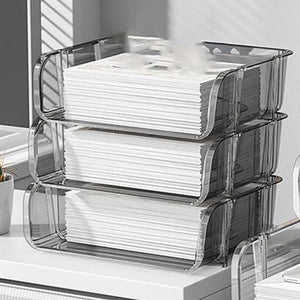 Transparent Desktop Stationery Organizer in clear plastic, stacked in three tiers with wavy sides and white papers