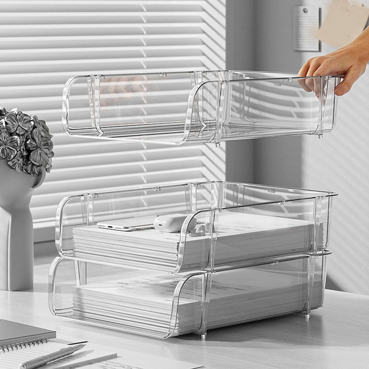 Transparent Desktop Stationery Organizer in clear plastic with open rectangular compartments, shown stacked for tiered desk storage