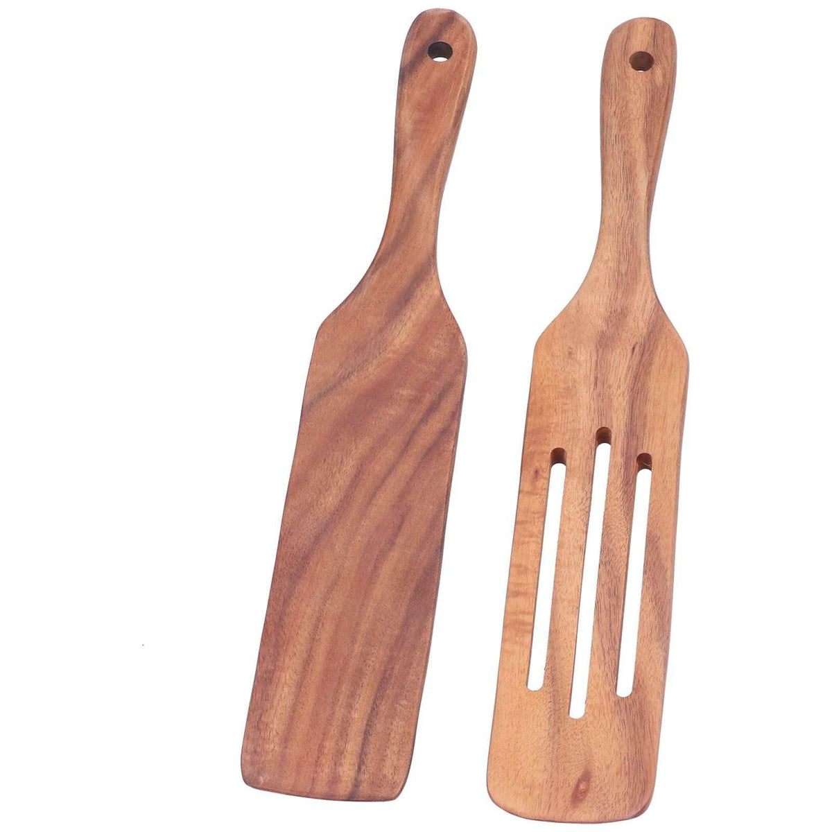 2pcs Slotted Turner Spatula set in warm brown wood, with one solid turner and one slotted turner, each with a hanging hole