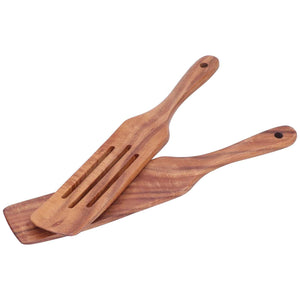 2pcs Slotted Turner Spatula wooden utensil set in warm reddish-brown wood, with one solid paddle and one slotted turner