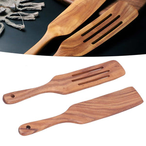 2pcs Slotted Turner Spatula set in warm brown wood, with a three-slot turner and a solid spatula, each with a hanging hole