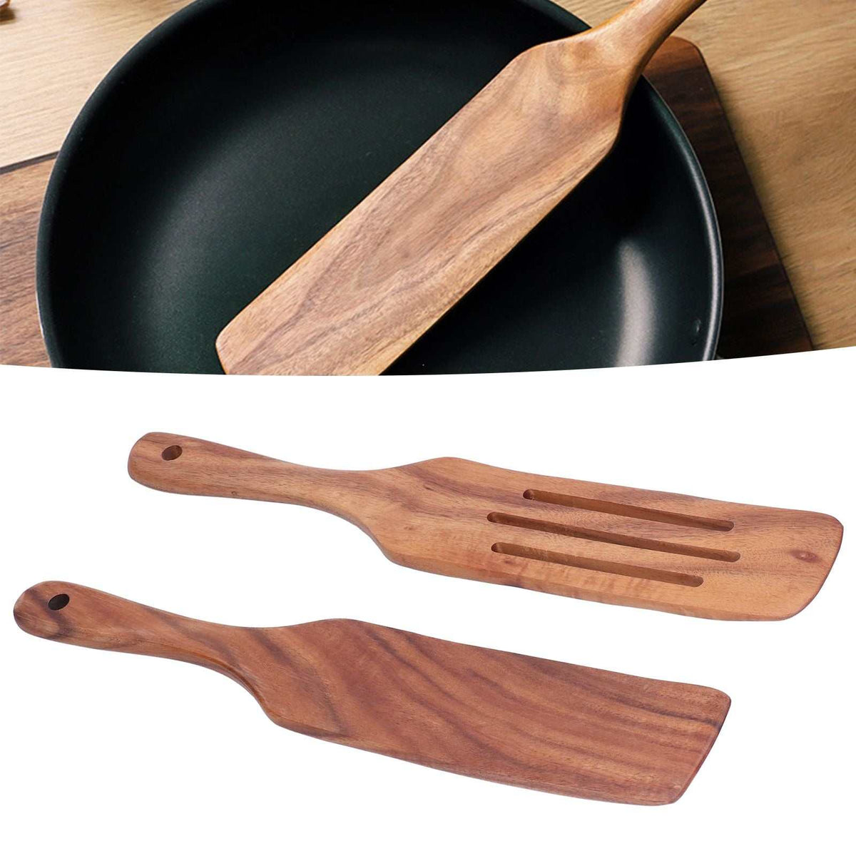 2pcs Slotted Turner Spatula set in warm natural wood, with one slotted turner and one solid flat spatula