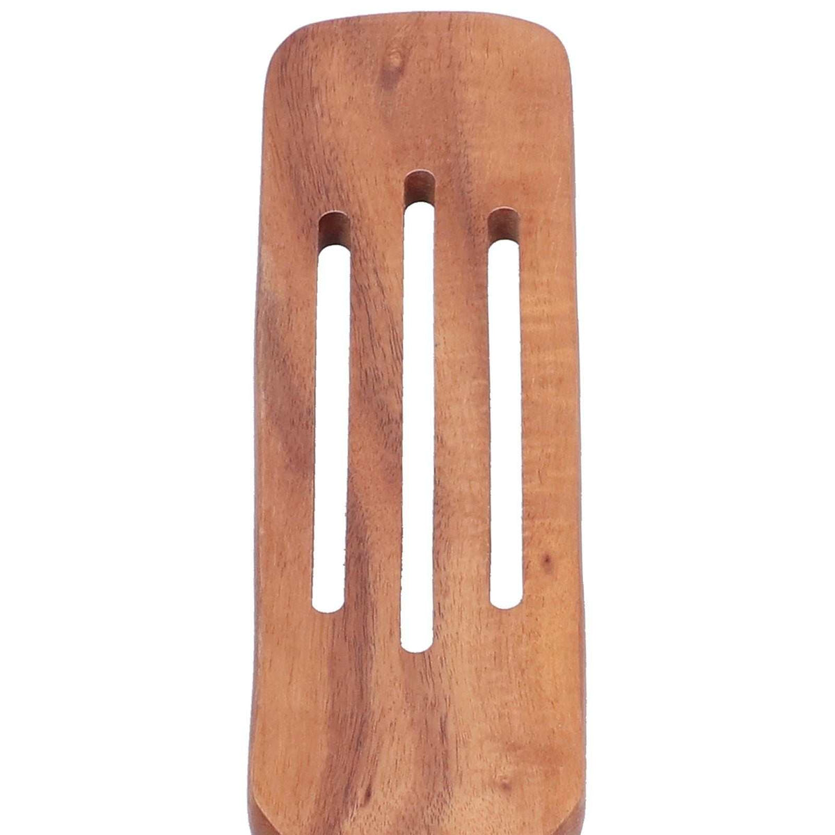 2pcs Slotted Turner Spatula in warm brown wood, with a broad rectangular head and three long slots