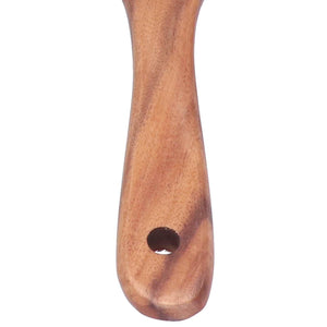 2pcs Slotted Turner Spatula featuring a smooth, warm-toned teak wood handle with a rounded end and hanging hole