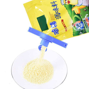 Random Food Bag sealing clip in blue polypropylene attached to a yellow packet, with an outlet nozzle for pouring granules