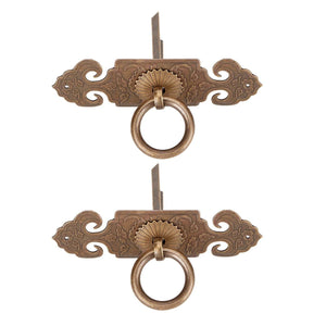 Bat-Shaped Handle pair in ornate antique bronze metal, featuring symmetrical scrollwork plates and circular ring pulls.
