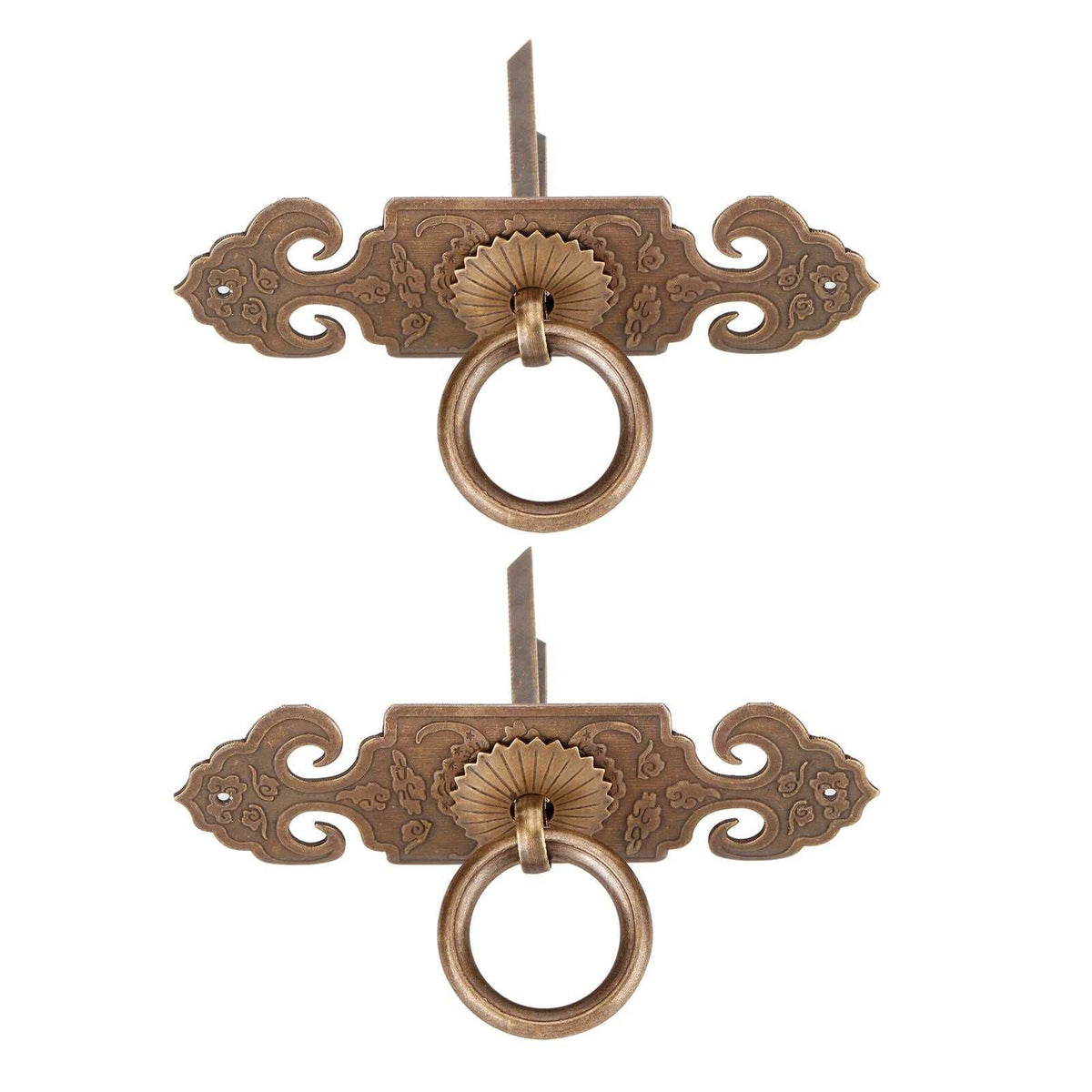 Bat-Shaped Handle pair in ornate antique bronze metal, featuring symmetrical scrollwork plates and circular ring pulls.