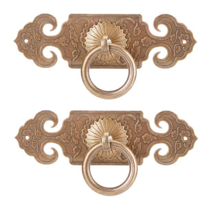 Bat-Shaped Handle pair in antique bronze copper, with ornate scrollwork plates and circular ring pulls.