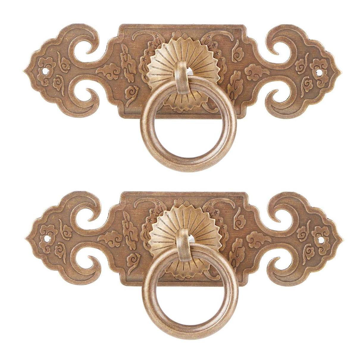 Bat-Shaped Handle pair in antique bronze copper, with ornate scrollwork plates and circular ring pulls.