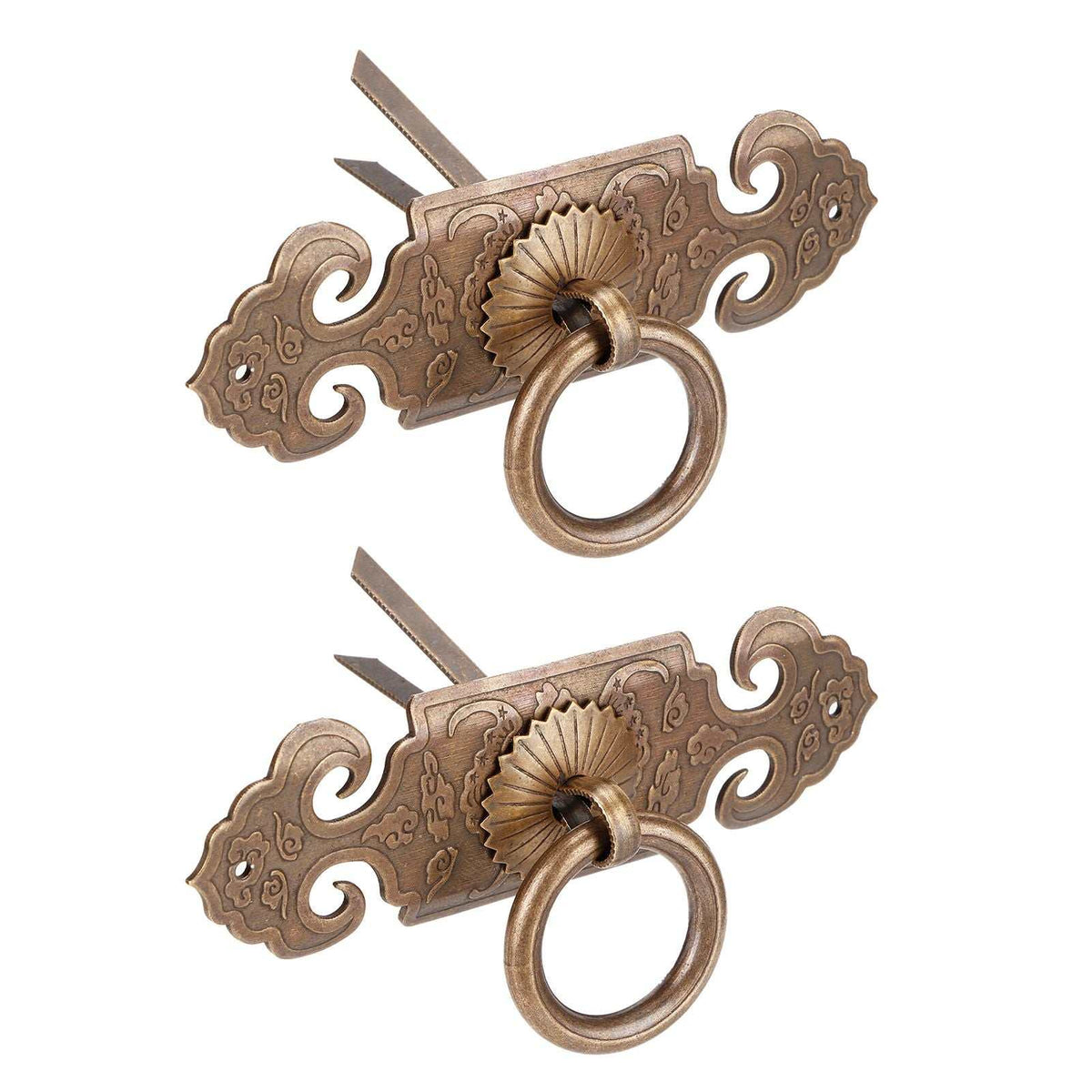 Bat-Shaped Handle set in antique bronze-toned metal, with ornate scrollwork and circular ring pulls