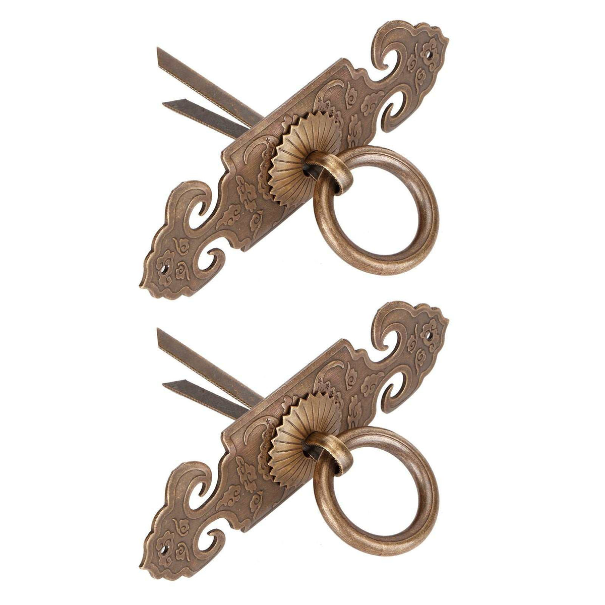 Bat-Shaped Handle pair in antique bronze metal with ornate scrollwork, fan-shaped centers, and hanging circular pulls.