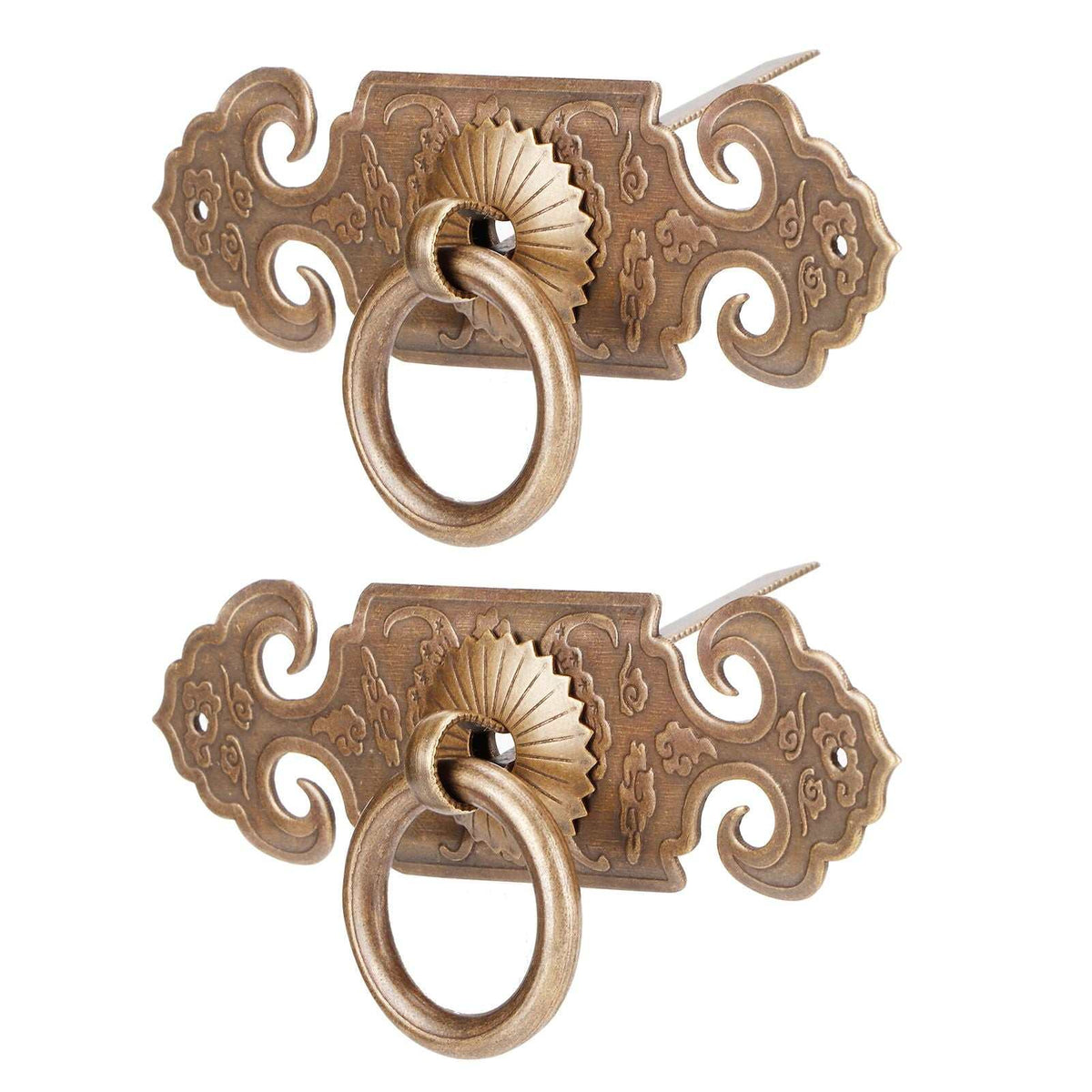 Bat-Shaped Handle set in ornate antique bronze copper, with scrolling wings and a decorative circular ring pull