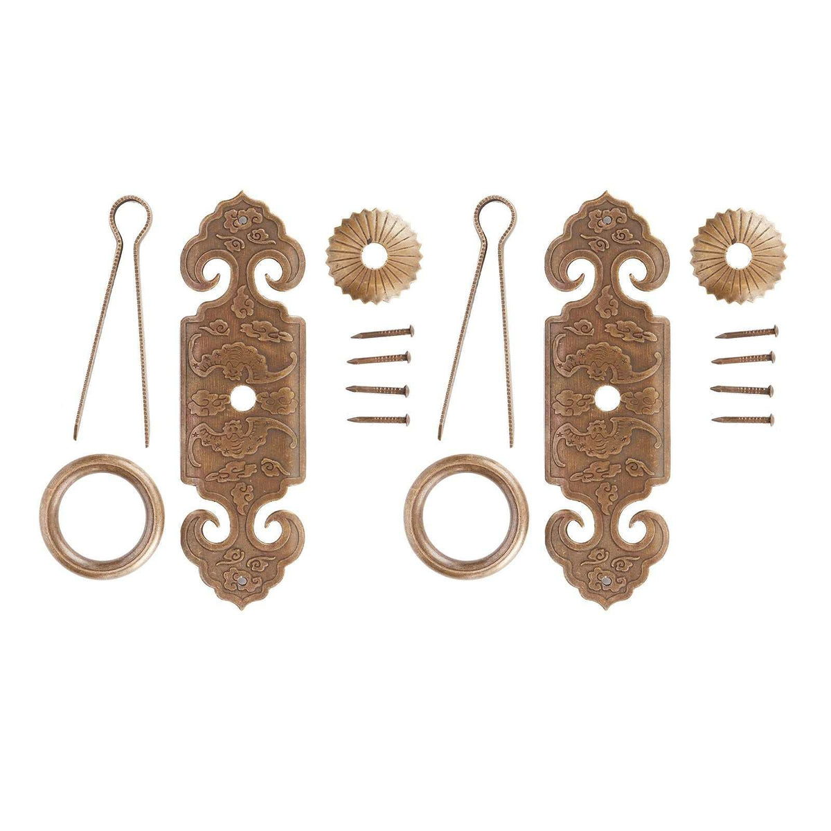 Bat-Shaped Handle set in antique bronze-toned metal, with ornate floral relief, round pulls, and installation hardware