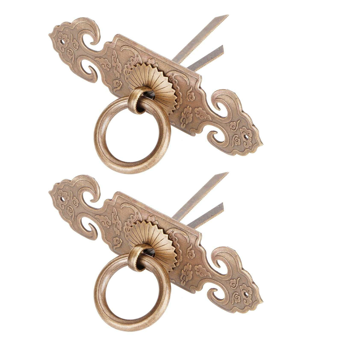 Bat-Shaped Handle set in antique bronze-toned metal with ornate scrollwork and hanging circular ring pulls