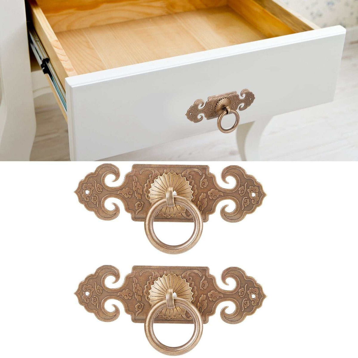 Bat-Shaped Handle pair in antique bronze metal, with ornate scrollwork plates and circular drop ring pulls.