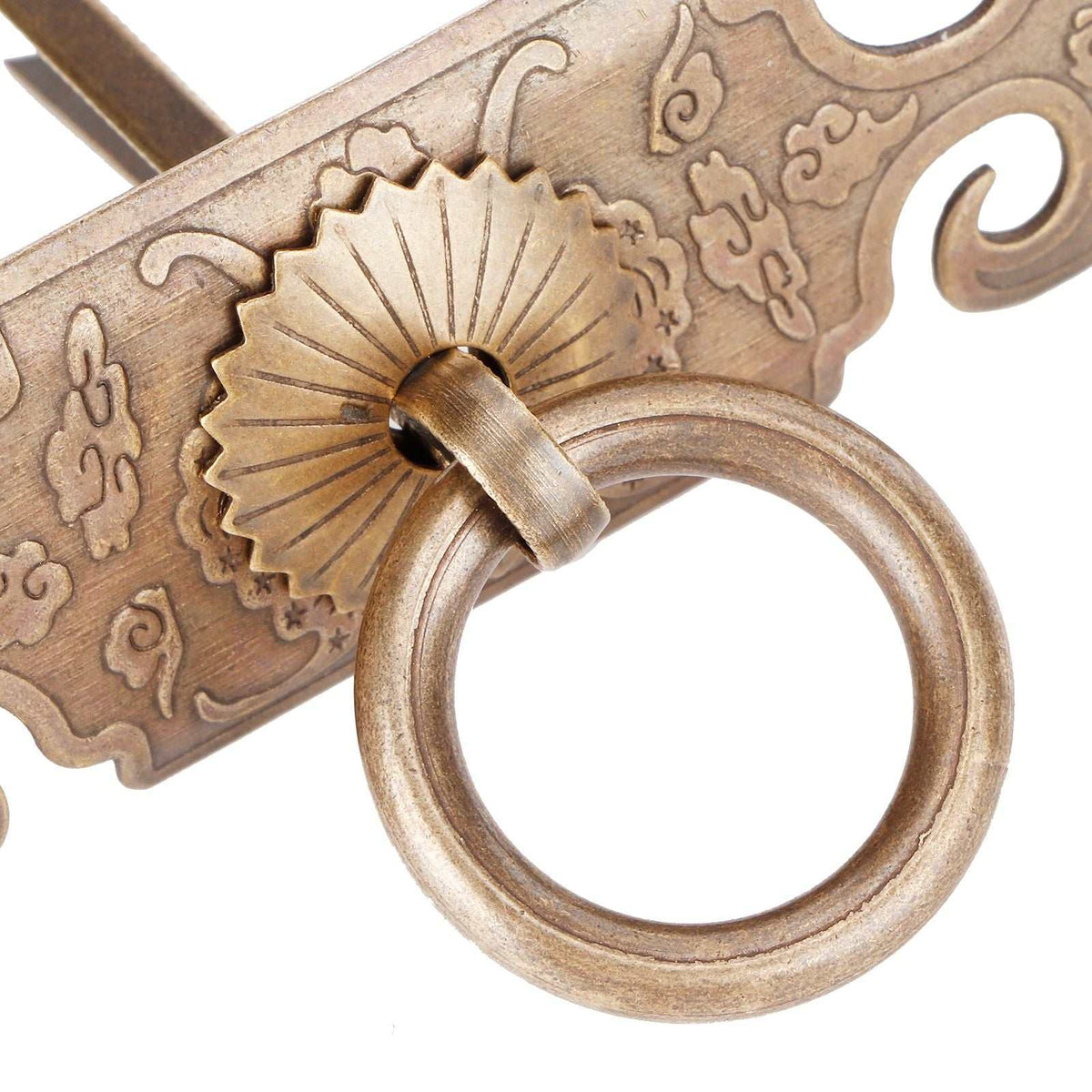 Bat-Shaped Handle in antique bronze copper with an ornate engraved plate and circular ring pull