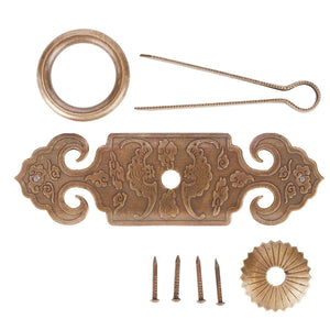 Bat-Shaped Handle in antique bronze copper with ornate scrollwork, shown with round ring, decorative fittings and nails