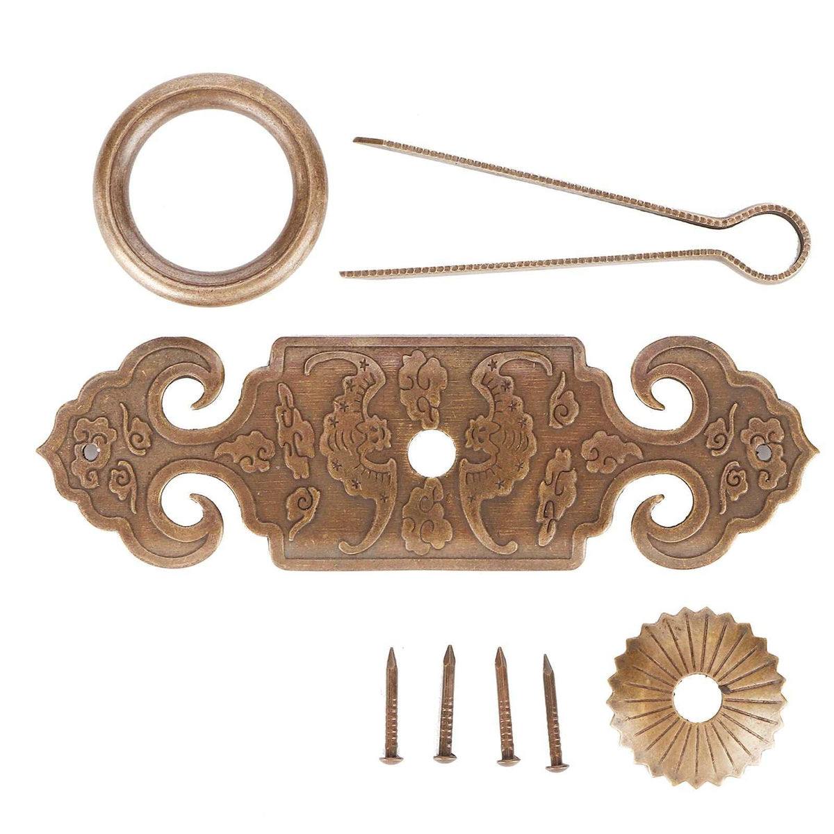 Bat-Shaped Handle in antique bronze copper with ornate scrollwork, shown with round ring, decorative fittings and nails