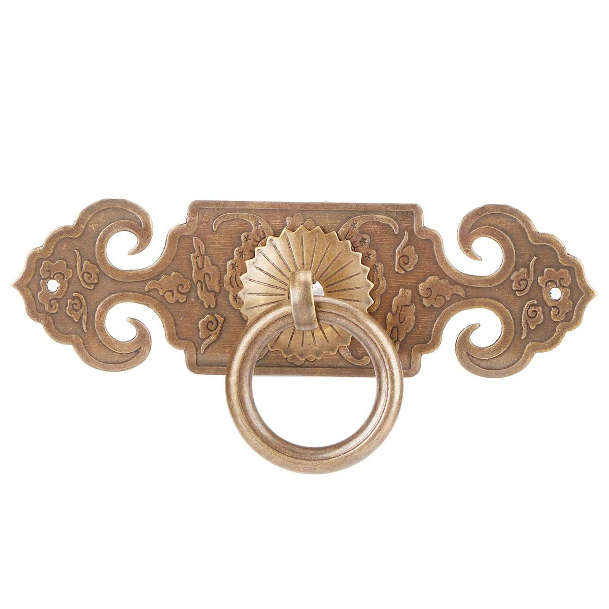 Bat-Shaped Handle in antique bronze-colored metal with ornate scrollwork and a large circular ring pull