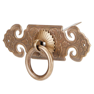 Bat-Shaped Handle in antiqued bronze-toned metal with ornate scrolling details and a large circular ring pull