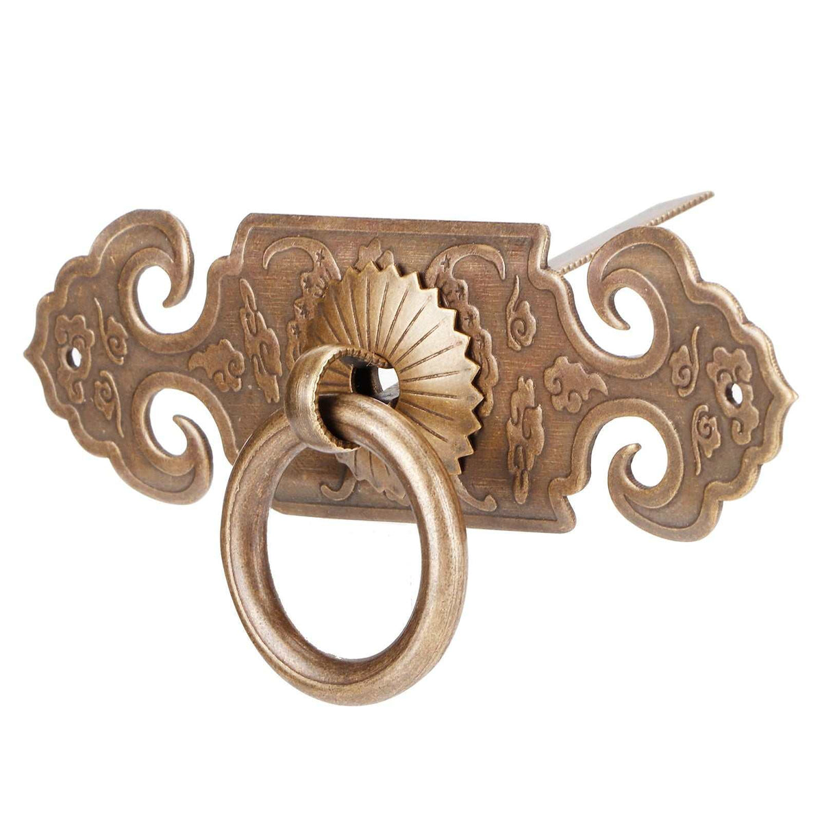 Bat-Shaped Handle in antiqued bronze-toned metal with ornate scrolling details and a large circular ring pull