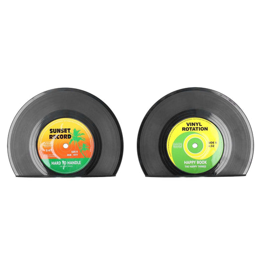 2Pcs/Set Bookend pair in black plastic shaped like vinyl records, with colorful orange and green center labels.