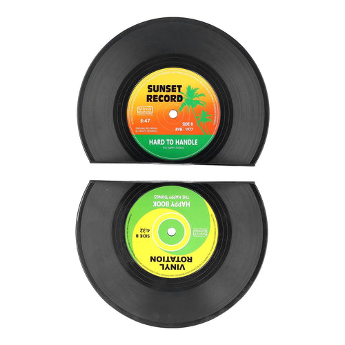 2Pcs/Set Bookend pair of black plastic vinyl record-shaped book holders with colorful retro labels and grooved details
