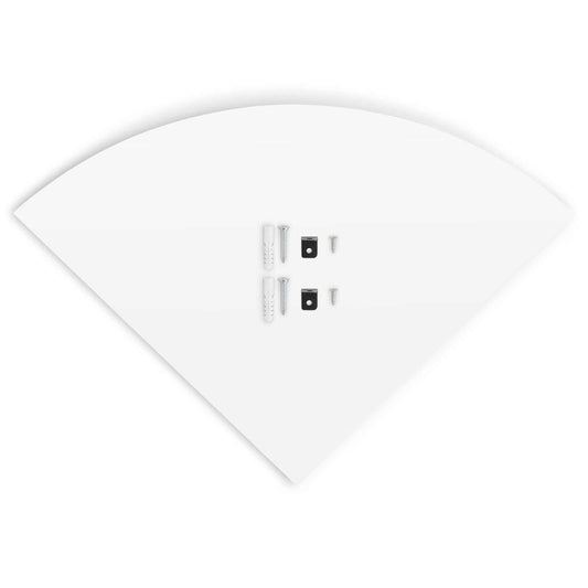 Floating Corner Shelf, white PVC with a smooth curved edge and triangular corner shape, shown with mounting hardware.