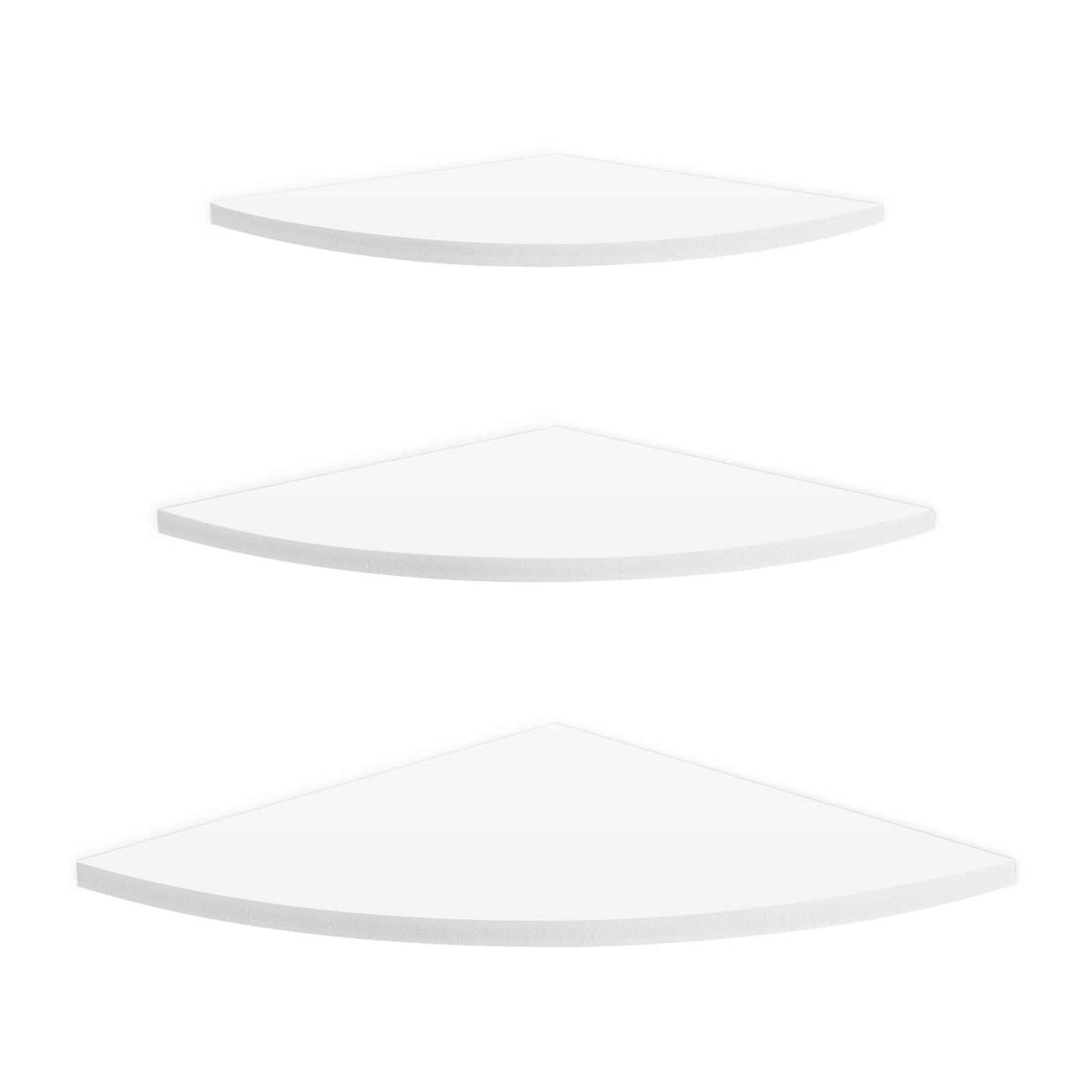 Floating Corner Shelf set of three white PVC shelves in graduated sizes, with smooth curved front edges
