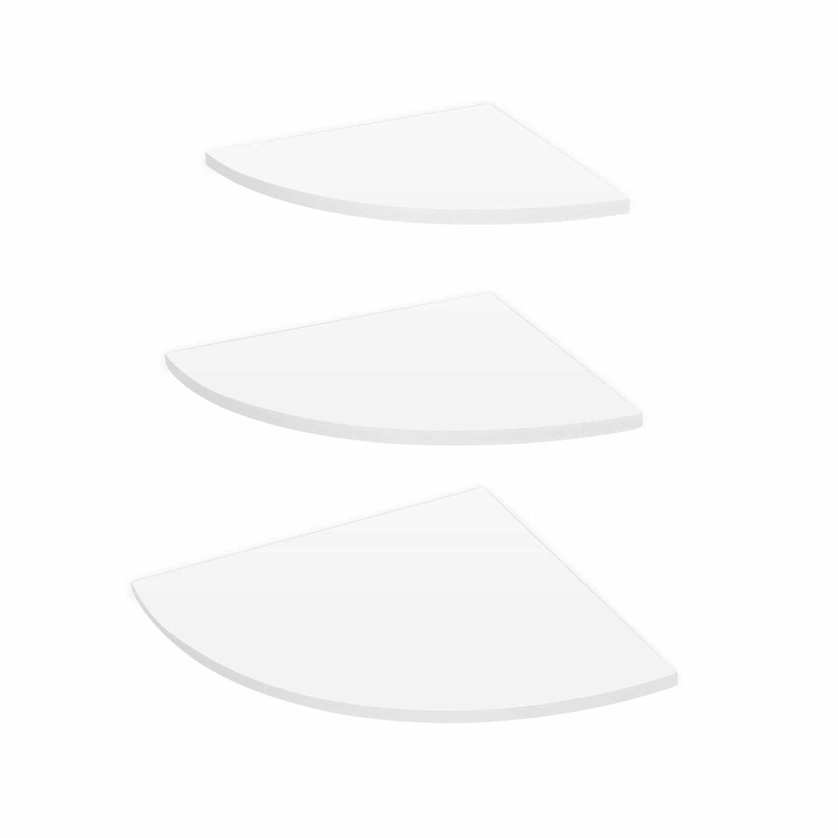 Floating Corner Shelf set of three white PVC shelves in graduated sizes, with smooth curved fronts and a clean finish