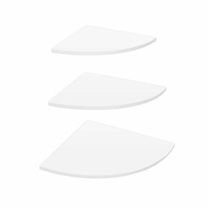Floating Corner Shelf set of three white PVC triangular shelves in graduated sizes, with smooth curved front edges