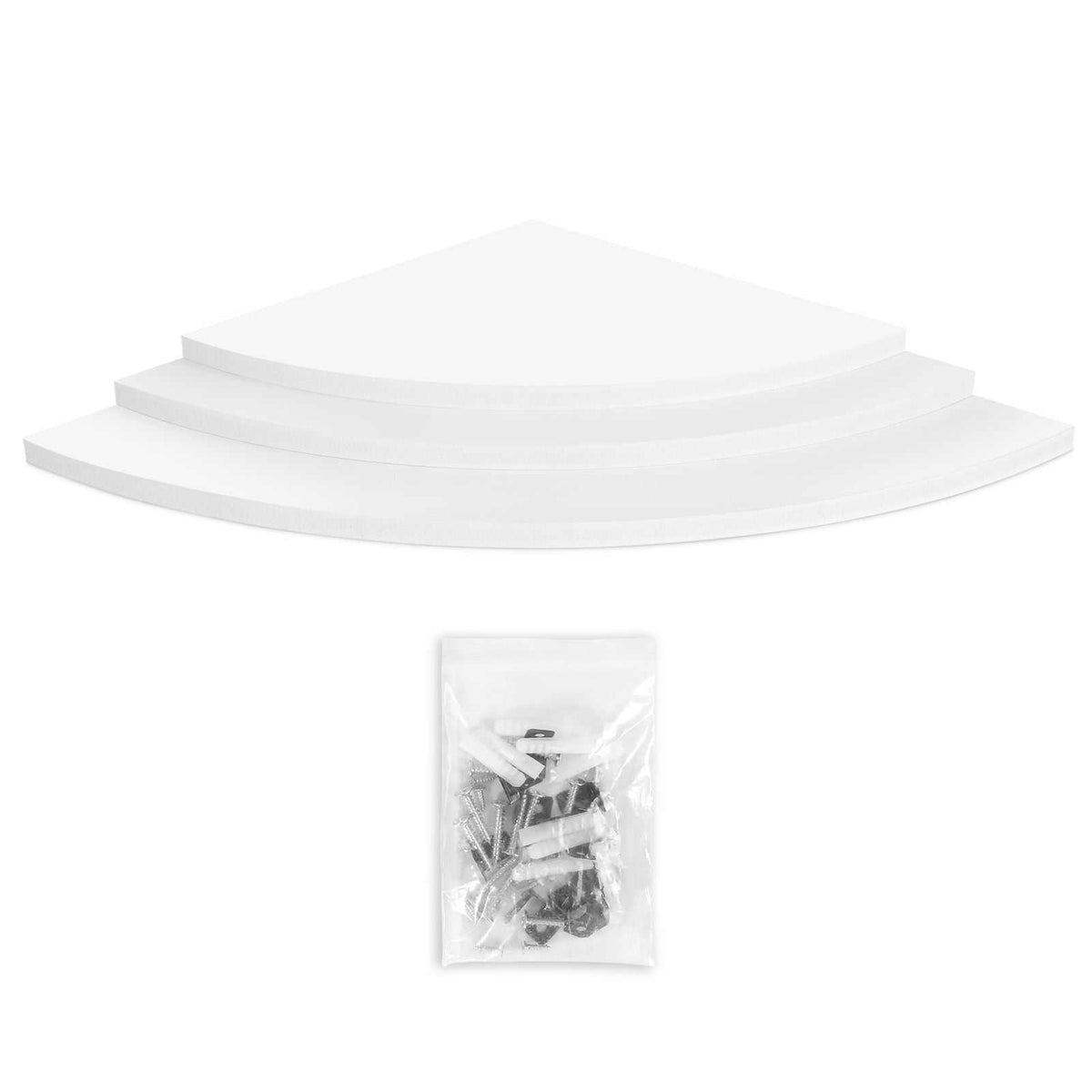 Floating Corner Shelf set of three white PVC shelves in graduated sizes with curved front edges and mounting hardware