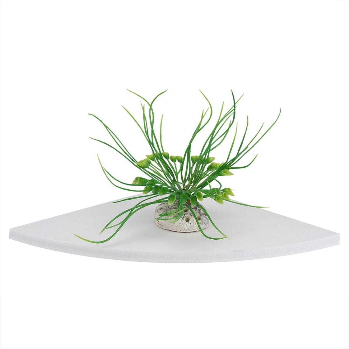 Floating Corner Shelf in white PVC with a smooth triangular platform and rounded front edge, displaying a small green plant