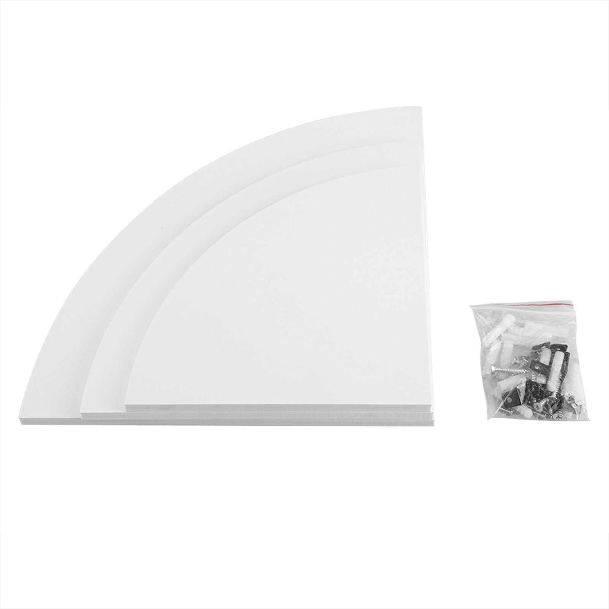 Floating Corner Shelf set in white PVC with three curved triangular shelves and a small bag of mounting hardware