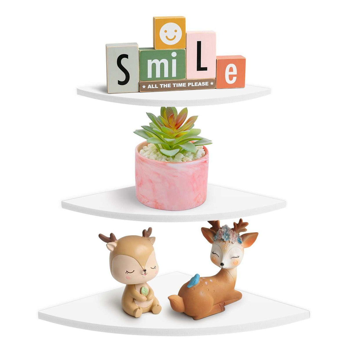 Floating Corner Shelf set of three white shelves with smooth curved edges, displaying blocks, a potted succulent and deer figurines