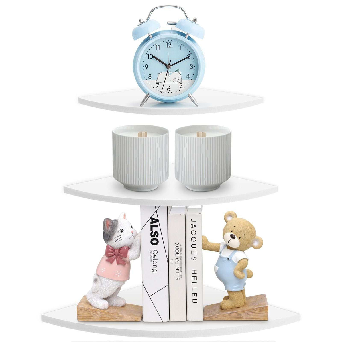 Floating Corner Shelf in white PVC with three rounded triangular tiers displaying a clock, planters, books and figurines