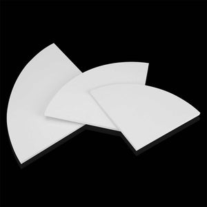 Floating Corner Shelf set of three white PVC shelves with smooth curved fronts and triangular corner-fitting shapes