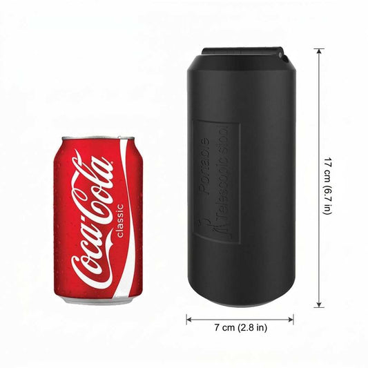 Portable Folding Stool in a black cylindrical folded form, with a compact 17 cm height and 7 cm diameter
