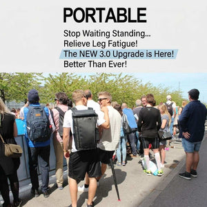 Portable Folding Stool shown as a compact black single-leg seat carried by a man standing in a queue