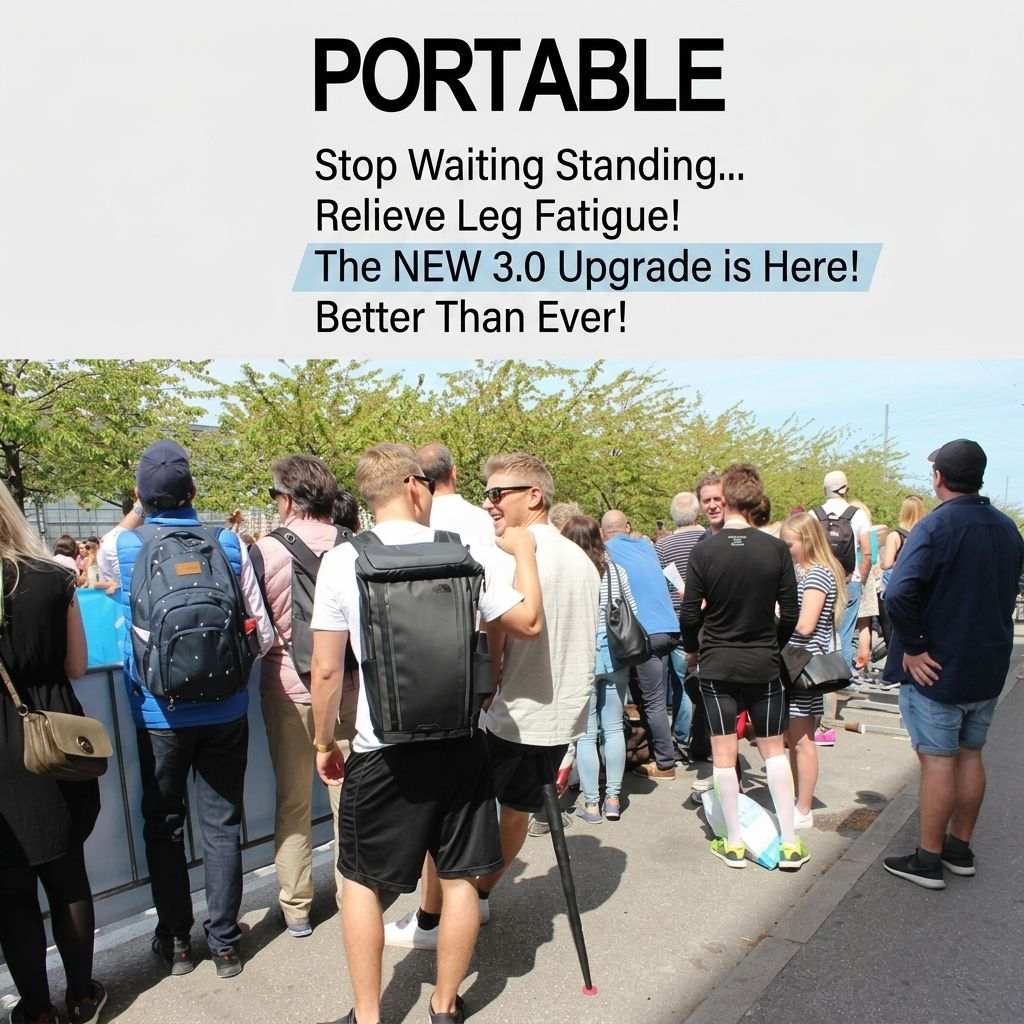 Portable Folding Stool shown as a compact black single-leg seat carried by a man standing in a queue