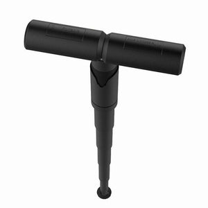 Portable Folding Stool with a black plastic T-shaped seat, adjustable telescoping leg, and small round base