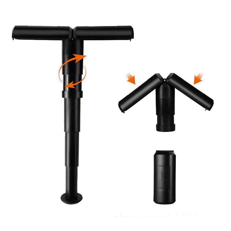 Portable Folding Stool in black with a telescoping single-leg frame, T-shaped seat that folds inward, and round base