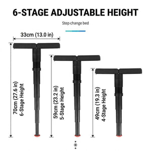 Portable Folding Stool in black plastic with a T-shaped seat, adjustable telescoping leg and red non-slip base, shown at three heights