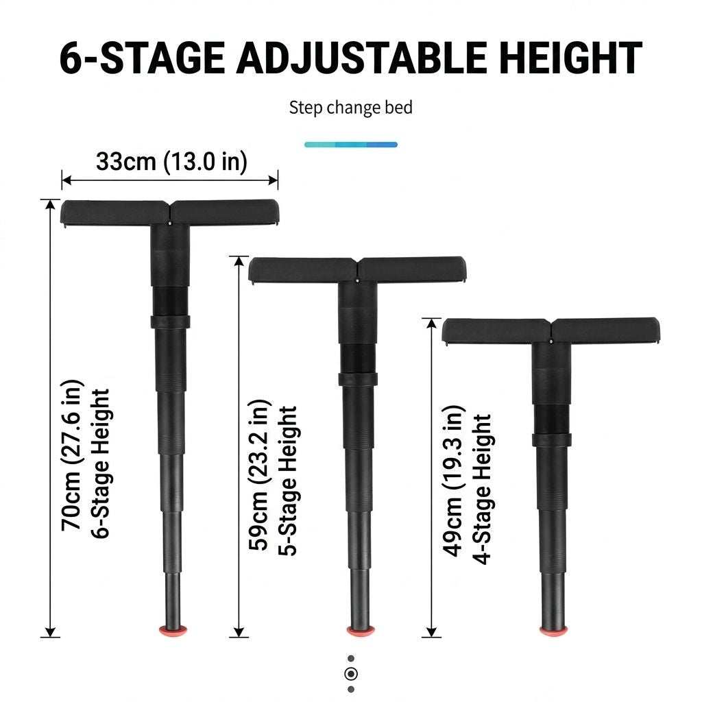 Portable Folding Stool in black plastic with a T-shaped seat, adjustable telescoping leg and red non-slip base, shown at three heights