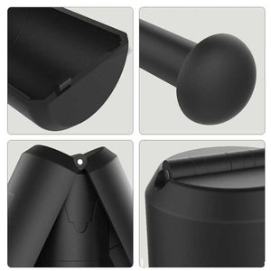 Portable Folding Stool in black with a molded plastic body, rounded seat, hinged folding legs and textured details