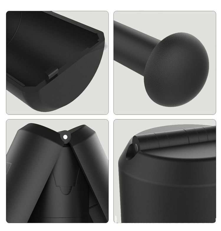 Portable Folding Stool in black with a molded plastic body, rounded seat, hinged folding legs and textured details