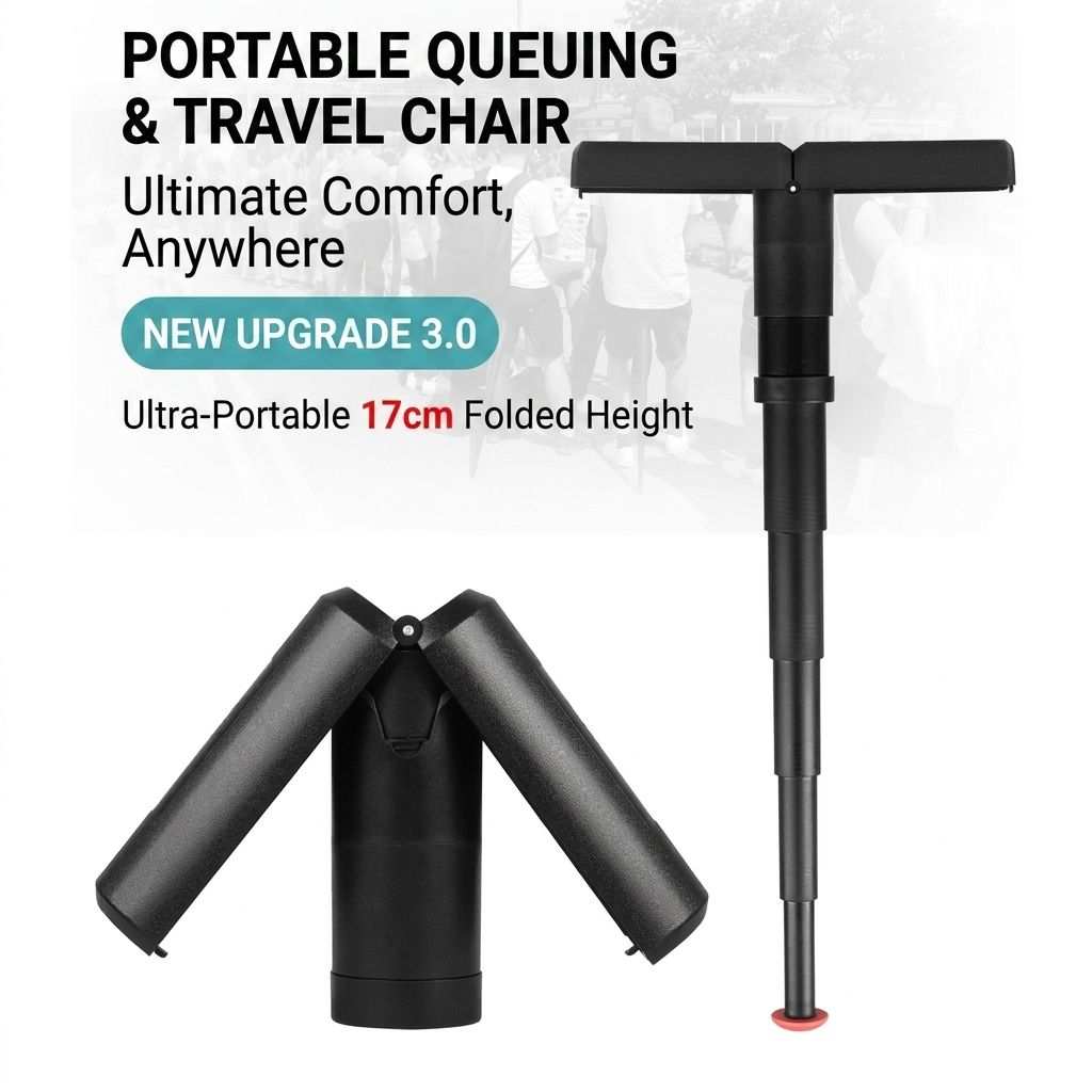 Portable Folding Stool in black with a T-shaped seat, telescoping single leg, and compact folded form