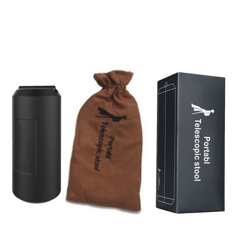 Portable Folding Stool shown as a compact black cylindrical case, with a brown drawstring pouch and black telescopic stool box