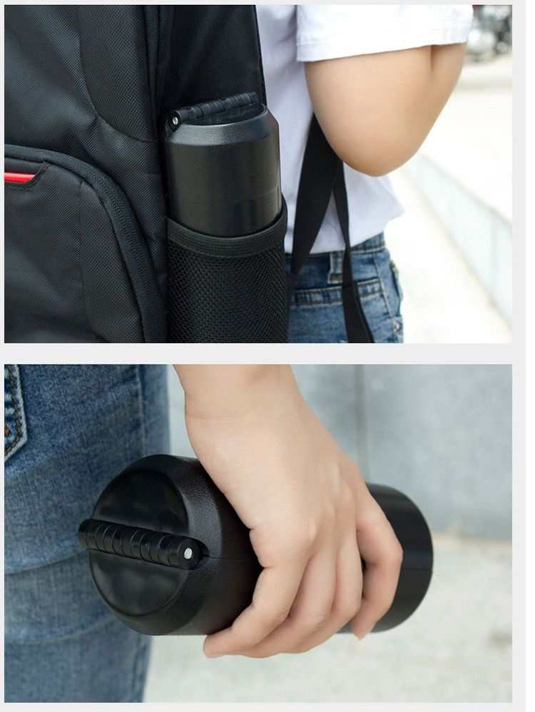 Portable Folding Stool shown folded into a compact black cylinder, with a ridged circular end and carry handle