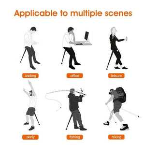 Portable Folding Stool with a slim black frame shown supporting people while waiting, working, fishing and hiking